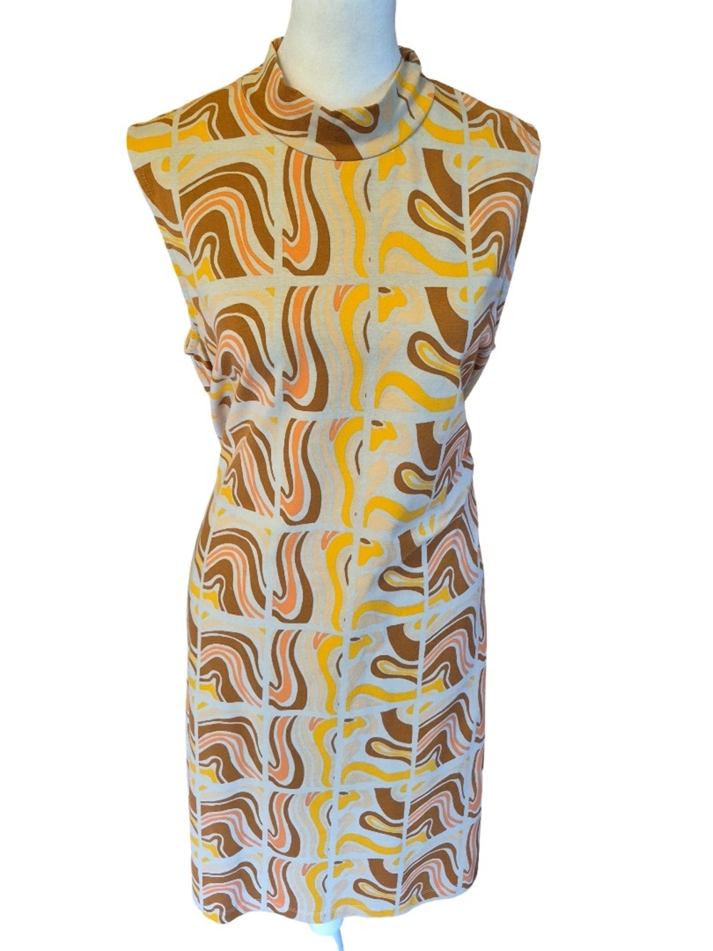 Mata Traders Retro Swirl Midi Dress in Yellow, Brown & Cream